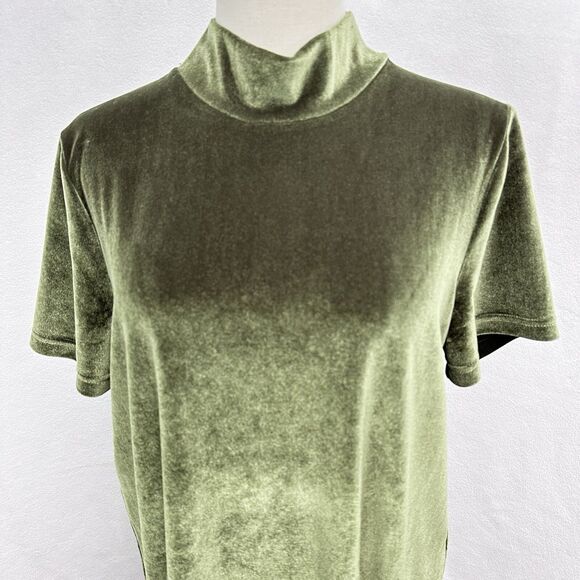 Madewell Velvet Dress Large Mini Shift Green Short Sleeve Mock Neck Stretchy - Picture 4 of 12